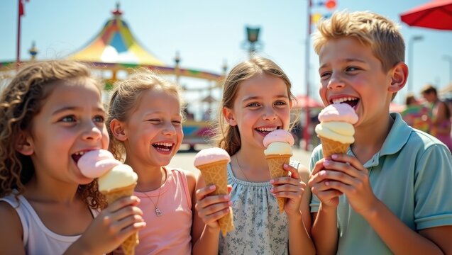 Group of happy kids eating ice cream at amusement park, laughing in bright summer sun, colorful carnival background, joyful friendship and carefree childhood	