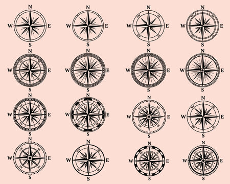 Detailed compass rose icon collection featuring sixteen unique navigation symbols with cardinal directions, intricate linework, and decorative circular patterns for map, travel, and exploration design