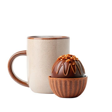 Hot chocolate cocoa bomb with handcrafted stoneware mug for cozy winter beverage presentation