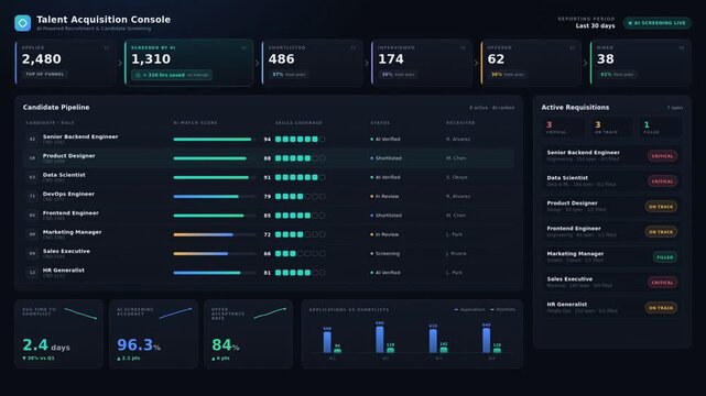 Animated AI-powered HR recruitment dashboard with candidate screening, hiring funnel, match score analytics, recruitment metrics, talent pipeline, and dark mode interface.
