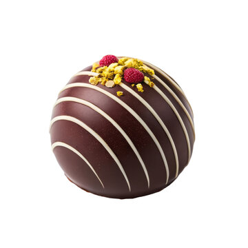 Premium dark chocolate cocoa bomb with white drizzle and berry topping for gourmet desserts