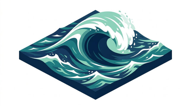 Stylized ocean waves in shades of blue green and white crashing with foam on a dark square base for marine theme and water sports visuals
