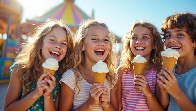 Group of happy kids eating ice cream at amusement park, laughing in bright summer sun, colorful carnival background, joyful friendship and carefree childhood	