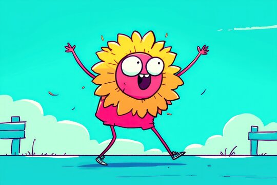 Joyful flower character joyfully walks park path, celebrating spring