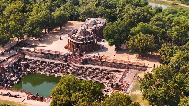 Aerial Drone View of Modhera Sun Temple, Historic Stepwell and Temple Complex in Gujarat, India