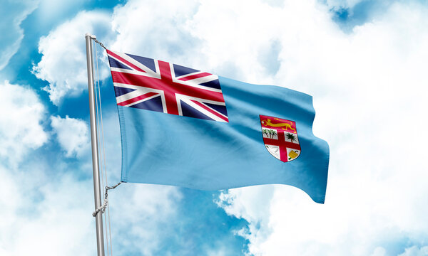 Fiji flag waving on sky background. 3D Rendering