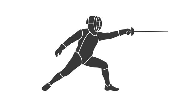 Fencer in protective gear fencing.