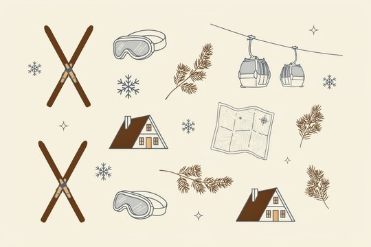Winter sports set featuring wooden skis, protective goggles, mountain cable cars, pine branches, and a map on a light cream background