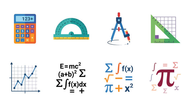Mathematics Icons Set: Calculator, Protractor, Compass, Ruler, Graph, Formulas