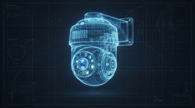 Detailed glowing blue wireframe blueprint of a modern security surveillance camera on a dark background