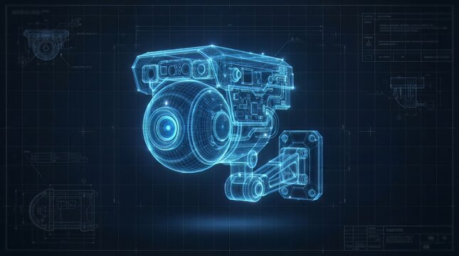 Glowing blue holographic surveillance camera blueprint displayed on a technical grid background for modern security systems