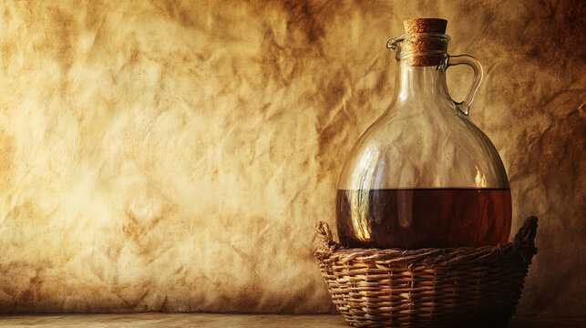 Glass carboy in wicker basket on wooden table with amber liquid, rustic home brewing vessel.