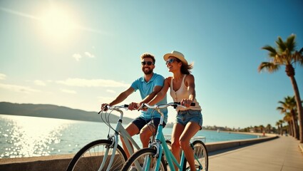 Fototapeta premium Happy couple riding bicycles along seaside path on sunny day. Summer vacation lifestyle with smiling man and woman enjoying freedom, nature and active leisure outdoors with scenic coastal view