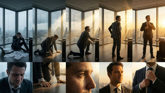 Professional businessman journey from despair to corporate success in a high-rise office