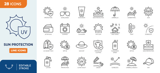 Fototapeta na wymiar Sun protection line editable icon set. Containing sunscreen, sunblock, sunglasses, SPF protection, umbrella, and more. Vector illustration