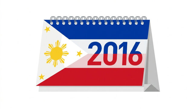 2016 Philippine calendar with flag design bright yellow sun red and blue stripes and star symbols for office or home decoration