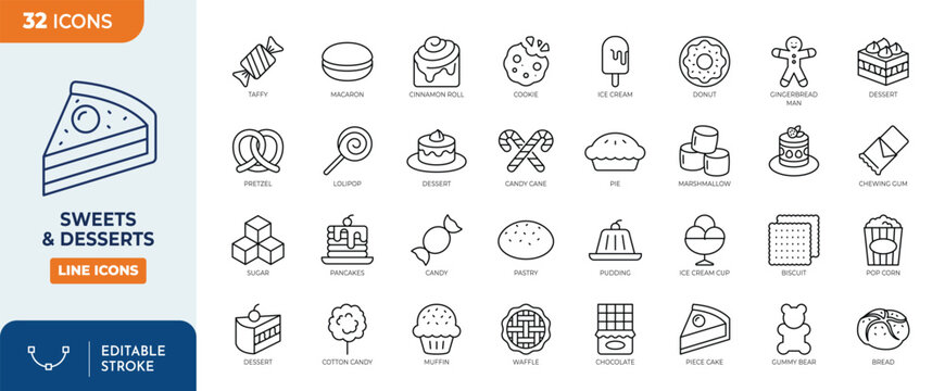 Sweets and desserts line editable icon set. vector illustration