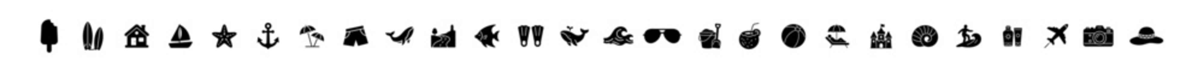 Summer beach icons collection with vacation, travel, sea, and leisure elements in black silhouette style on transparent background © Ярослав Дацко