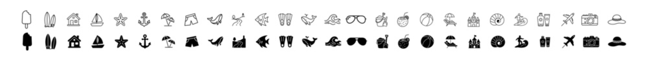 Set of summer vacation and beach icons including ice cream, surfboards, house, sailboat, starfish, anchor, palm trees, shorts, dolphin, wave, sunglasses, coconut, beach ball © Ярослав Дацко