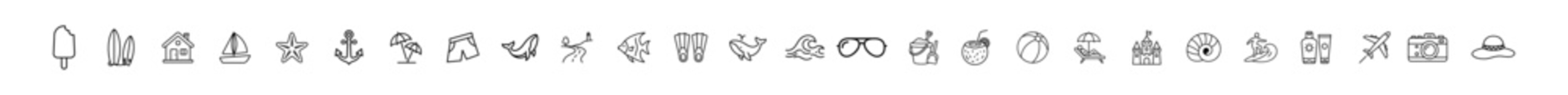 Set of hand drawn summer vacation icons including ice cream, surfboards, beach house, sailboat, starfish, anchor, swim shorts, high heels, fishing, fish, flippers, whale, waves © Ярослав Дацко