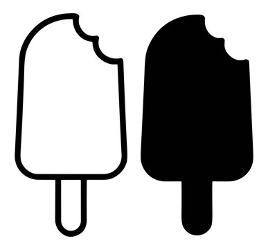 Set of bitten ice cream bars in silhouette and outline style on transparent background