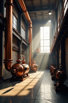 Sunlit Industrial Interior with Copper Pipes and Machinery