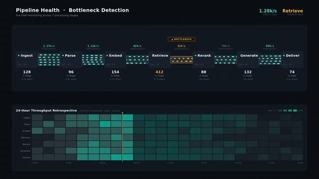 Dark mode AI pipeline health dashboard with throughput monitoring, bottleneck detection, workflow analytics, heatmap visualization, and enterprise process performance interface.
