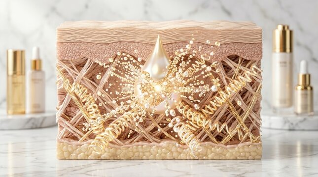 Human skin cross section demonstrating explosive serum droplet release, assembling golden collagen helical springs, active pearl molecules regenerating dermis layer, cosmetic anti aging treatment.