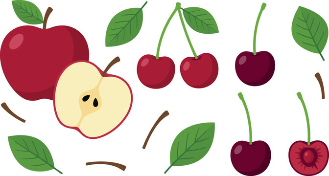 Organic red apple and sweet cherry flat vector icon collection featuring juicy fruit slices pair of cherries and green leaf elements