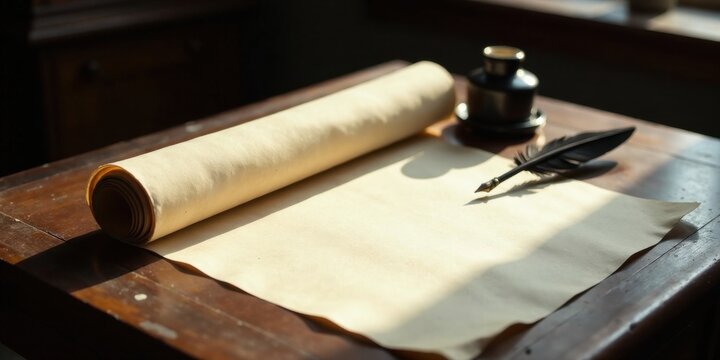 A rolled parchment scroll rests on a wooden table beside a quill pen and inkwell, bathed in sunlight, ready for the writer's hand to capture thoughts and stories