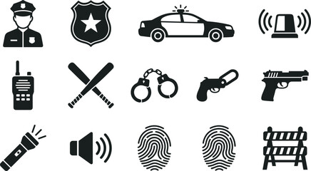 Police equipment silhouette icon set vector illustration law enforcement officer security police car weapon collection design project.eps © MdAzahar