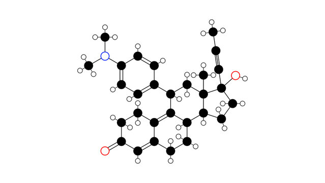 mifepristone molecule, structural chemical formula, ball-and-stick model, isolated image progesterone receptor antagonist