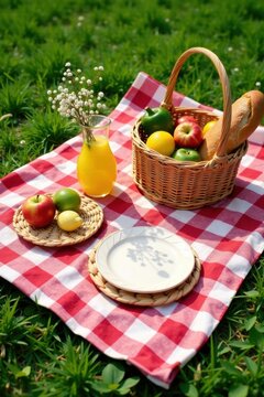 A delightful outdoor repast featuring a wicker basket filled with assorted fruits and bread, complemented by a refreshing juice beverage and arranged on a vibrant checkered picnic blanket