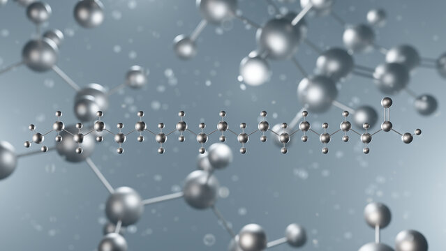 stearic acid molecular structure, 3d model molecule, octadecanoic acid structural chemical formula view from a microscope