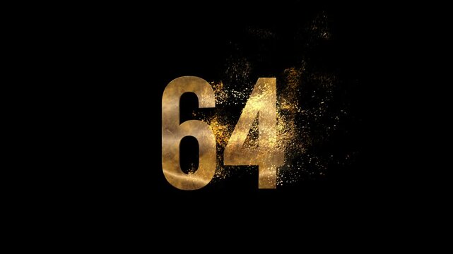 Beautiful Golden Number 64 with Golden Particles and Transparent Background, Golden Number Sixty-Four
