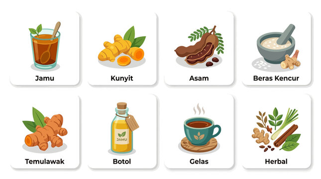 Traditional Indonesian herbal drinks and ingredients: Jamu, Kunyit, Asam, Temulawak, Beras Kencur
