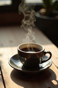 Aromatic Dark Roast Coffee Steaming in a Grey Cup on Rustic Wooden Table