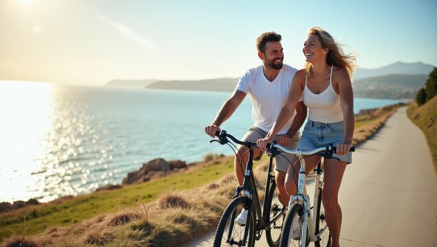 Happy couple riding bicycles along seaside path on sunny day. Summer vacation lifestyle with smiling man and woman enjoying freedom, nature and active leisure outdoors with scenic coastal view
