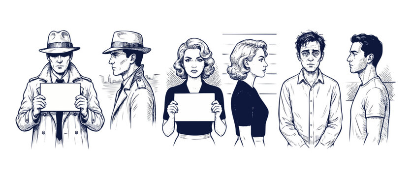 Vintage Police Mugshot Line Drawing of Retro Criminal Suspects in Lineup Holding Blank Sign Boards, Classic Noir Detective Character Vector Set Isolated on White Background.