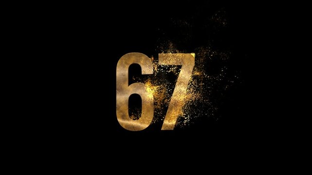 Beautiful Golden Number 67 with golden particles and transparent background, golden number sixty seven