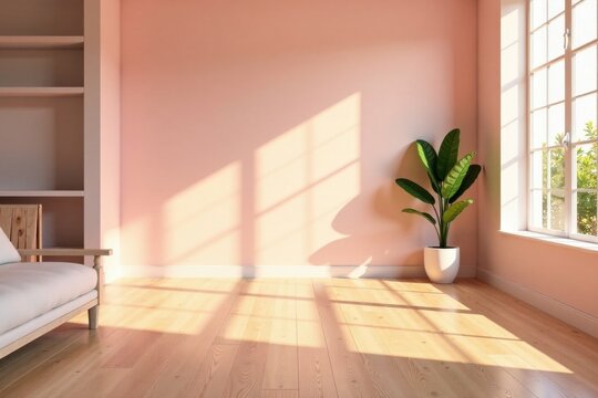 Serene Minimalist Room Interior Design Featuring Sunlight Streaming Through a Window, Light Wood Flooring, and a Simple Sofa