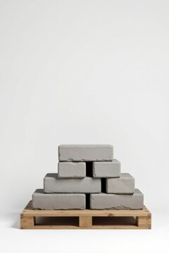 A stack of pale grey rectangular building blocks arranged on a simple wooden pallet against a plain white background