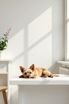 A small, fluffy dog rests peacefully on a pristine white table, bathed in soft sunlight streaming through a nearby window, creating a serene and calming atmosphere in a minimalist interior
