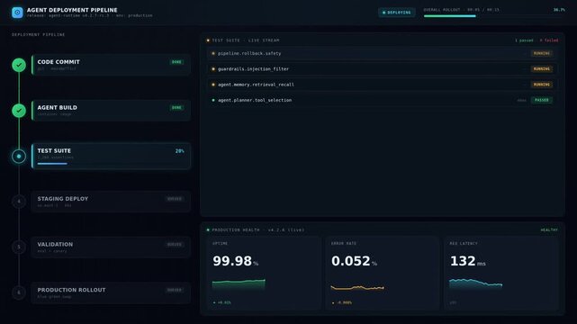 Animated deployment pipeline dashboard with build stages, test results, rollout progress, system health metrics, and dark mode interface.