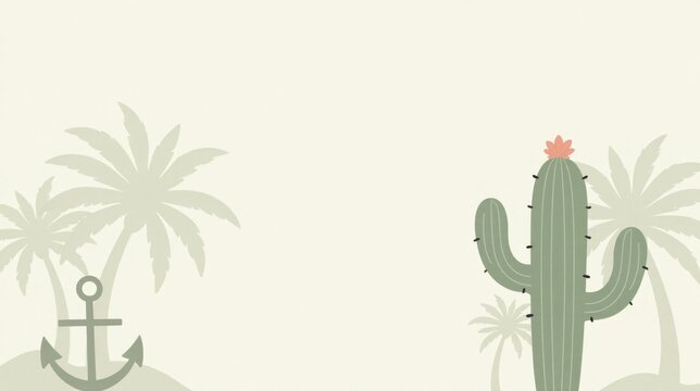 Serene Coastal Cactus and Palm Tree Design Featuring an Anchor