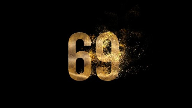 Beautiful Golden Number 69 with golden particles and transparent background, golden number sixty nine