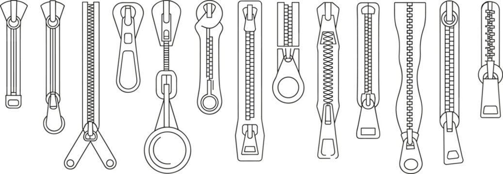 Minimalist black line art illustration of assorted zipper designs with varied sliders, pull tabs, and teeth styles