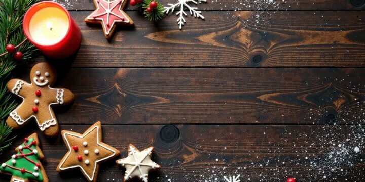 Festive Holiday Baking Scene with Decorated Gingerbread Cookies and a Lit Candle on Rustic Wooden Surface