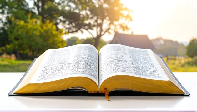 An open book on a white table outdoors at sunset