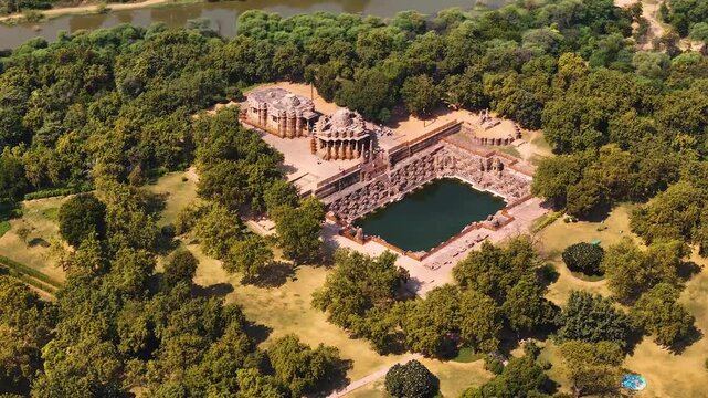 Aerial Drone View of Modhera Sun Temple, Historic Stepwell and Temple Complex in Gujarat, India